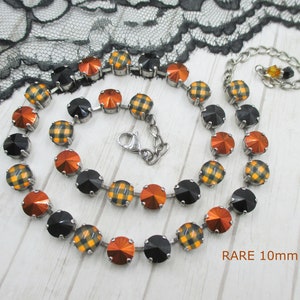 RARE 10mm Fall Necklace, Orange, Black and Plaid 10mm Crystals and Inserts, Halloween, Fall, Winter Necklace, 10mm Crystals