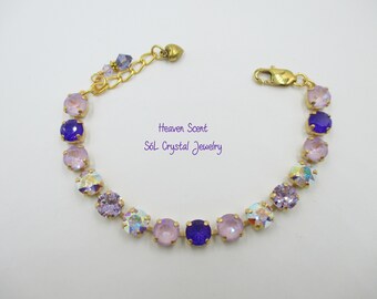 HEAVEN SCENT, 8mm Purple and Violet Genuine Premium Crystal Bracelet, Sparkling Shades of Purple, Violet and AB, Gold Finish, Item no. 1283