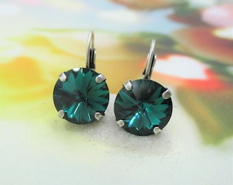 Green crystal earrings,"Electric Emerald," Emerald green 12mm crystal earrings