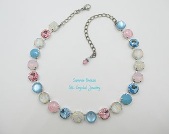 SUMMER BREEZE 12mm Blue, Pink and White Necklace, Summer Colors, Soft Blues and Pinks, Shiny Silver Finish, Item 1277