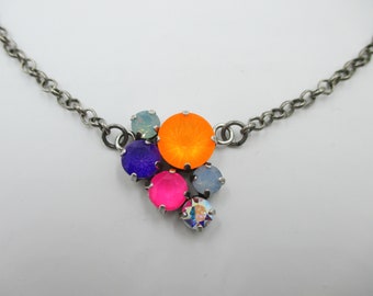 Neon Cluster Necklace, Multi-Size Crystal Necklace, Neon Orange, Neon Purple, Neon Pink, 12mm, 8mm, 6mm Necklace, No. 1263