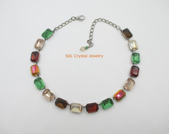 FALL FESTIVAL Emerald Cut Crystal Necklace, Brown, Green, Gold, Clear Premium Crystals, Octagon Cut Necklace, Fall Colors, item 1265