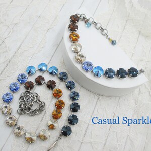 BLUE JEAN OMBRE ~ Blue, Gold and Brown 12mm Genuine Crystal Necklace and Bracelet, Jazz Up Your Blue Jeans with Sparkle and Color!