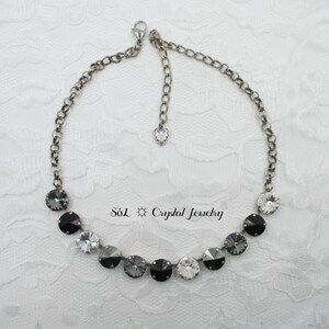 Half Moon ~ 12mm Black, Grey, Clear Crystal Necklace, Genuine Austrian Crystals, Black and Clear Necklace, Black Crystal Necklace