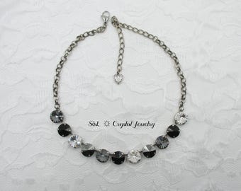 Collar de media luna de 12 mm con cristales negros, grises y transparentes, cristales austriacos auténticos, collar negro y transparente, collar de cristal negro