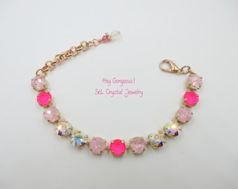 HEY GORGEOUS! Pink and AB 8mm Crystal Bracelet, Sparkle, Ice, Neon Finishes, Pink Crystal Bracelet, Item no. 1287
