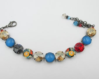 BLACK DAHLIA 12mm Black Finish Bracelet, Red, Blue and Gold, Flower Inserts, Moody Bracelet, Floral Bracelet, No. 1260