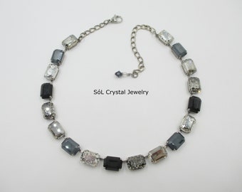 NIGHTFALL Emerald Cut Crystal Necklace, Black, Grey, Patina Premium Crystals, Octagon Cut Necklace, Classic Colors, item 1264