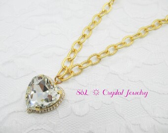 Large Clear Crystal Heart Pendant Necklace, Powerful Impact, Large Crystal Heart Necklace, 28mm Crystal Heart, Chunky Etched Gold Chain
