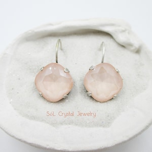 CreamPuff 12mm Square Cushion Cut Drop Earrings, Cream Crystal Earrings, Light Colored Crystal Earrings, Neutral Earrings (E175)