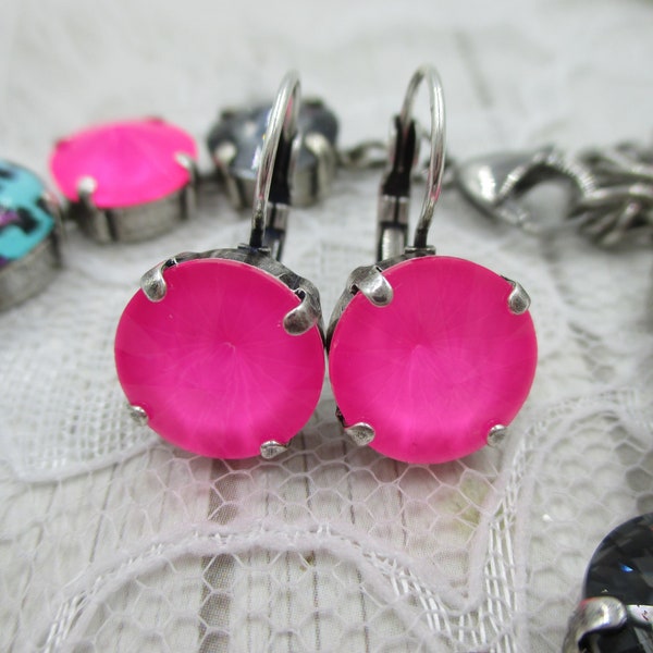 ELECTRIC PINK 12mm Earrings, Bright Pink Crystal Earrings, Neon Pink Earrings, 12mm Earrings, Pink Earrings, Summer Earrings