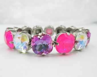 STRETCH BRACELET 12mm Square Cushion Cut Crystals, Neon Pink, Purple/Blue Color Changing, Moonlight, Pink, Bright and Colorful, item 1273