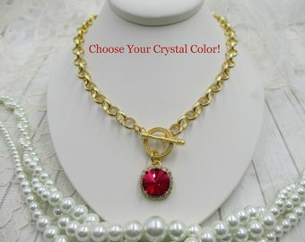 GOLD TOGGLE NECKLACE ~ 14mm Crystal Toggle Necklace ~ Pick Your Color ~ One Stone Toggle Necklace ~ Adjustable Length