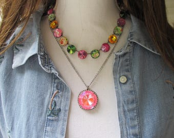 Pink Promise ~ 27mm Round Pendant Necklace, Sparkling Light Pink Large Crystal Pendant Necklace, Statement Piece, Layering Necklace