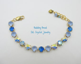 BABBLING BROOK, 8mm Blue Genuine Premium Crystal Bracelet, Sparkling Shades of Blue and AB, Gold Finish, Item no. 1284
