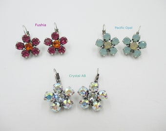 FLOWER EARRINGS  Floral Earrings, Fuchsia, Pacific Opal, Crystal AB 6mm Crytals, Fabulous Accessory, Huge Amount of Sparkle