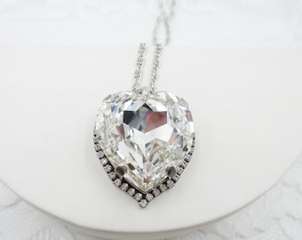 QUEEN of HEARTS Large Crystal Clear Heart Pendant Necklace, Powerful Impact, Large Crystal Heart Necklace, Discontinued Crystal