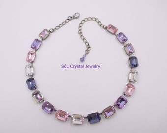 LET'S PLAY Emerald Cut Crystal Necklace, Purple, Pink and Clear Premium Crystals, Octagon Cut Necklace, Choker Necklace, item 1267