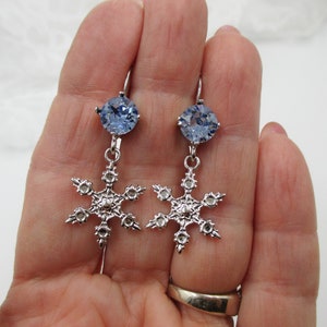 Snowflake Earrings, Winter Earrings, Holiday Earrings, Snow Earrings, 8mm Crystals, Winter Drop Earrings, Choose Your Crystal Color