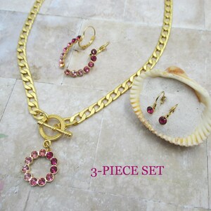 ROSIE&#39;S REVENGE ~ Circular Rose Toggle Necklace, Half Moon Earrings and Small Drops, Matte Gold Finish, 3-Piece Set