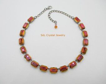 SUNSET OVER FIJI Emerald Cut Crystal Necklace, Astral Pink Premium Crystals, Octagon Cut Necklace, Pink/Orange Crystal Necklace, item 1266