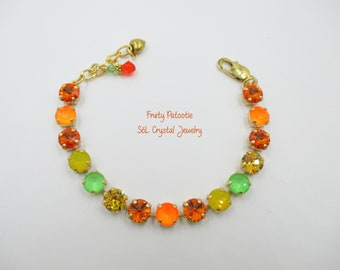 FRUITY PATOOTIE, 8mm Green, Yellow and Orange Crystal Bracelet, Bright and Colorful, Neon Orange and Green, Yellow Opals, Item no. 1292