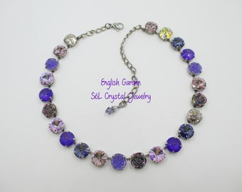 ENGLISH GARDEN 12mm Purple Necklace, Shades of Purple w/ Flower Inserts, Purple Crystal Necklace, Neon Purple, Sparkling Crystals, Item 1278