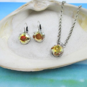 Metallic Sunshine Yellow 12mm Square Cushion Cut Crystal Necklace and Matching Earrings, Yellow Crystal, Summer Jewelry