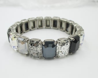 STRETCH BRACELET 12mm Emerald Cut Crystals, Black, Grey, Clear, Patina, Silver Crystals, Octagon Crystal Bracelet, item 1272