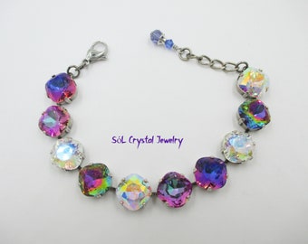 QUEEN of THE NILE 12mm Square Cushion Cut Bracelet, Purple, Blue, Pink, Multifaceted Cut Premium Crystals, Statement Bracelet no. 1269