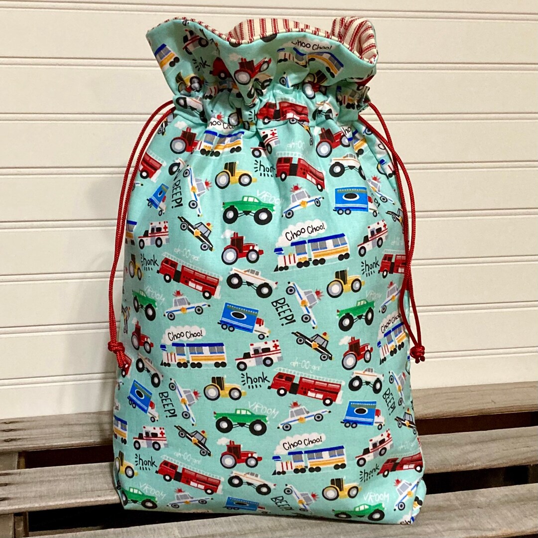 Drawstring Toy Storage Bag in Trucks and Trains Print, Fabric Gift Bag
