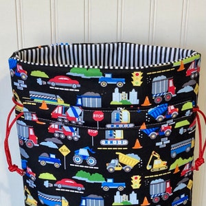 Drawstring Toy Storage Bag in Trucks and Trains Print, Fabric Gift Bag for Boys Birthday or Baby Shower Gift Wrap For Boy image 4
