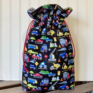 Drawstring Toy Storage Bag in Trucks and Trains Print, Fabric Gift Bag for Boys Birthday or Baby Shower Gift Wrap For Boy image 5