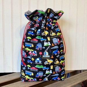 Drawstring Toy Storage Bag in Trucks and Trains Print, Fabric Gift Bag for Boys Birthday or Baby Shower Gift Wrap For Boy image 1