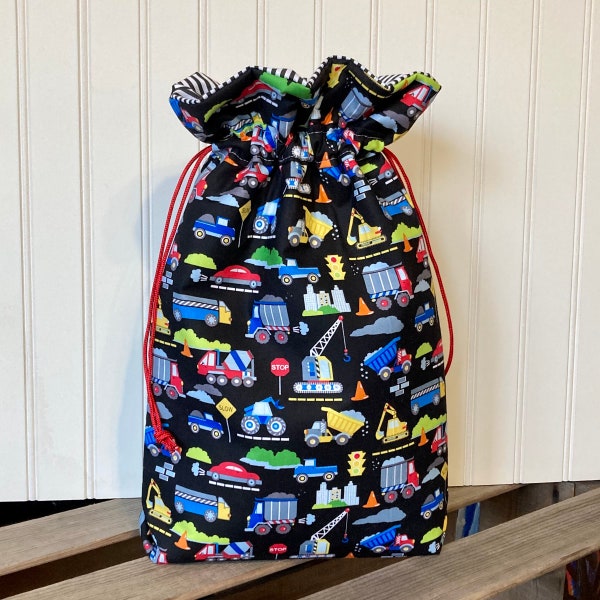 Drawstring Toy Storage Bag in Trucks and Trains Print, Fabric Gift Bag for Boys Birthday or Baby Shower Gift Wrap For Boy