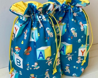 Fabric Drawstring Baby Shower Gift Wrap Bag, New Born Baby Boy Gift in Vintage Retro Baby Print by Michael Miller, Reusable Green Gifting