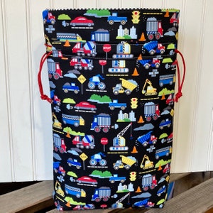 Drawstring Toy Storage Bag in Trucks and Trains Print, Fabric Gift Bag for Boys Birthday or Baby Shower Gift Wrap For Boy image 2