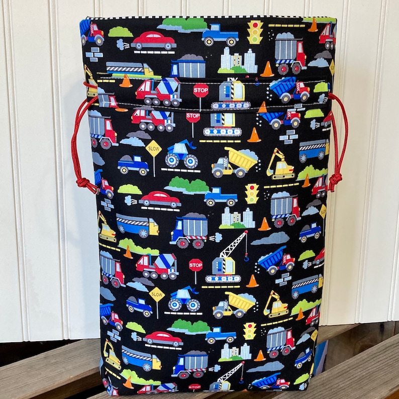 Drawstring Toy Storage Bag in Trucks and Trains Print, Fabric Gift Bag for Boys Birthday or Baby Shower Gift Wrap For Boy image 2
