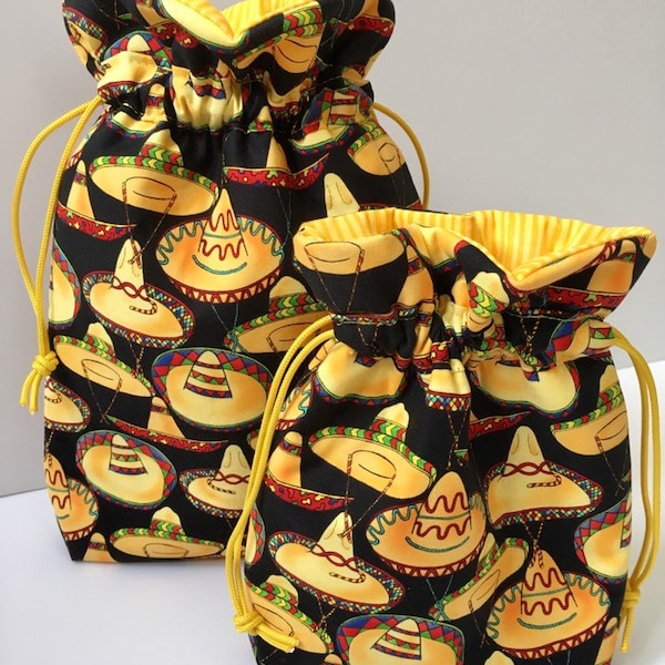 Sombrero Hostess Reusable Fabric Gift Wrap Bag, Drawstring Quilted Fabric Gift Bag in South of the Border Print