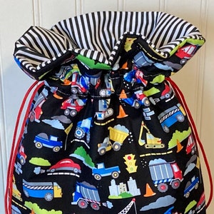 Drawstring Toy Storage Bag in Trucks and Trains Print, Fabric Gift Bag for Boys Birthday or Baby Shower Gift Wrap For Boy image 3