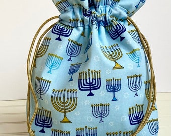 Fabric Hanukkah Gift Bag, Hanukkah Hostess Gift Bag, Coworker Gift, 8 Days of Hanukkah Reusable Gift Wrap
