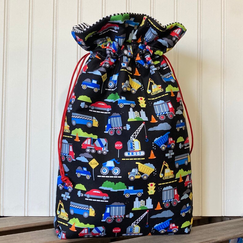 Drawstring Toy Storage Bag in Trucks and Trains Print, Fabric Gift Bag for Boys Birthday or Baby Shower Gift Wrap For Boy image 7