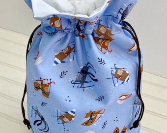 Ski Print Drawstring Gift Wrap Sack for Winter Holidays