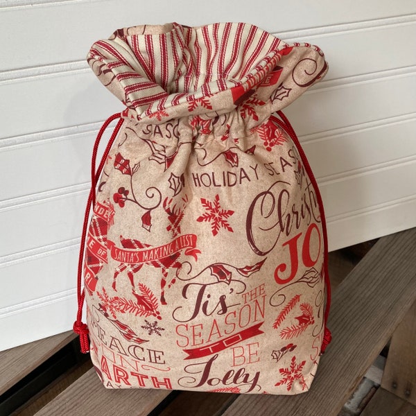 Christmas Gift Sack in Peace on Earth Print, Hostess Gift, Christmas Stocking, Fabric Christmas Gift Bag, Wine Gift Bag, Bottle Gift Bag