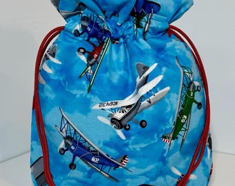 Fabric Reusable Quilted Drawstring Gift Wrap Bag in Vintage Airplanes Print