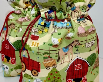 Fabric Reusable Quilted Drawstring Gift Wrap Bag in Michael Miller Down on the Farm Animals Print, Baby Farm Animals Nursery Theme Gift Sack
