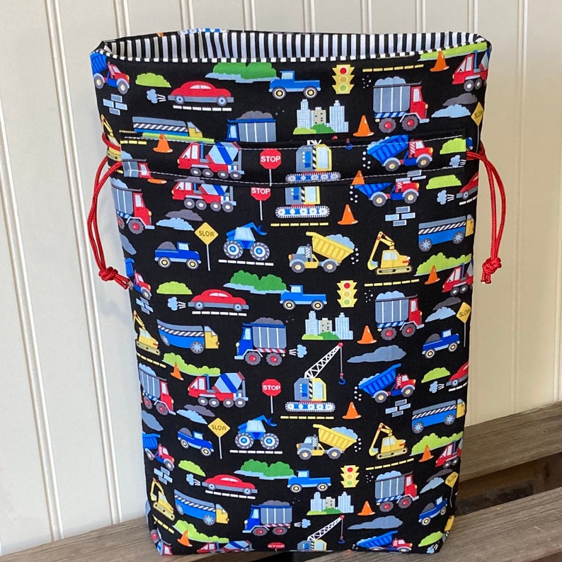 Drawstring Toy Storage Bag in Trucks and Trains Print, Fabric Gift Bag for Boys Birthday or Baby Shower Gift Wrap For Boy image 6