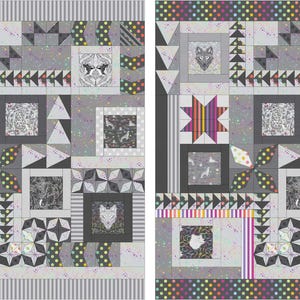 May include: A patchwork quilt with a repeating pattern of geometric shapes, stars, and wolf illustrations. The quilt features a color palette of gray, white, black, and accents of pink, yellow, and green. The quilt is a square shape.