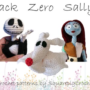 Pode incluir: Padrões de crochê para Jack Skellington, Zero o cão fantasma e Sally de O Estranho Mundo de Jack. Os personagens são feitos de fio branco com detalhes em preto, marrom e azul.
