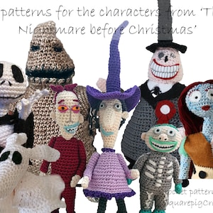 Op de afbeelding: Haakpatronen voor 8 personages uit de film 'The Nightmare Before Christmas'. De personages omvatten Jack Skellington, Sally, Oogie Boogie, en meer.